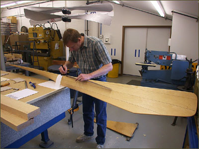 Dave Meyer at work on a reproduction 'bent-end' propeller.