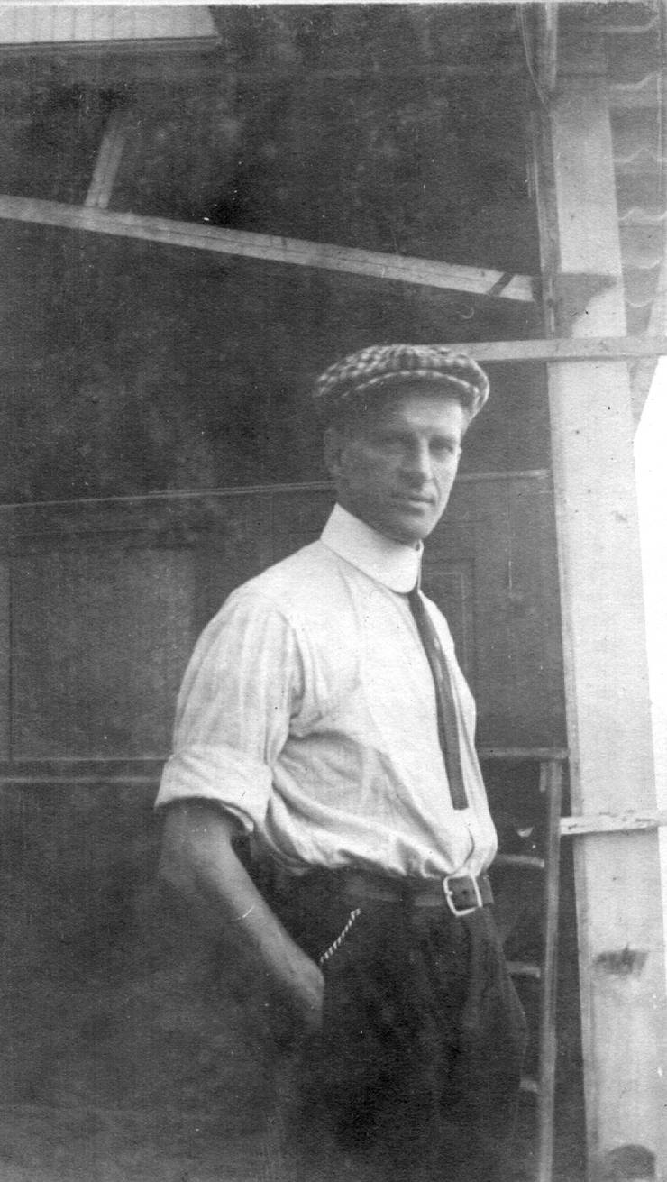 Frank Coffyn inside the boardwalk airplane shed, Atlantic City.