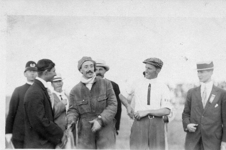 Left to right: Walter Brookins, Count Jacques de Lesseps, and Frank Coffyn at an unidentified exhibition.