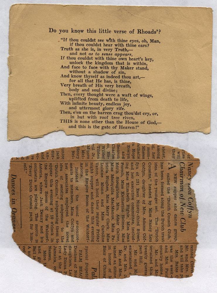 Fragment of a poem, and a newspaper clipping about Coffyn's daughter, Nancy Lou Coffyn, and her supper club.