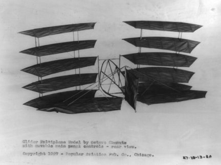 A rear view of Chanute's glider multiplane model, with movable main panel controls.
