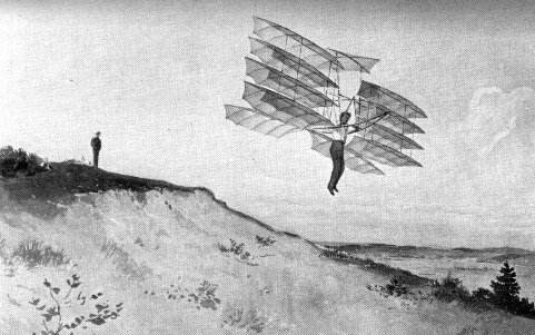 The multiple-wing Katydid in flight (from a drawing in "Gliding Experiments"). This illustration shows the improved arrangement of the wings.