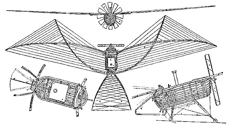 Flix Du Temple's patent drawing for a tractor-driven monoplane with swept-forward wings, 1857.
