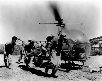 This Bell Model 47 has an external litter for transporting wounded