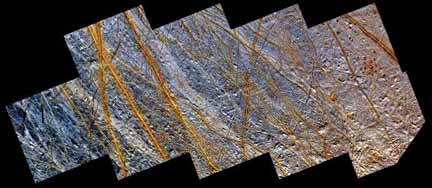 Double ridges, dark spots, and icy plains on Europa, taken by the Galileo in 1998