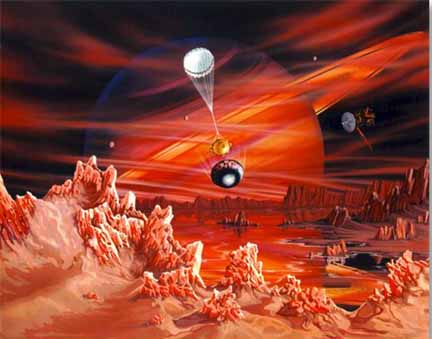 Artist's conception of Huygens probe descending to the planet's surface