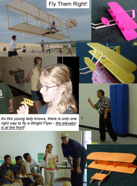 Collage of pictures: As this young lady knows, there is only one right way to fly a Wright Flyer-the elevator is on the front!
