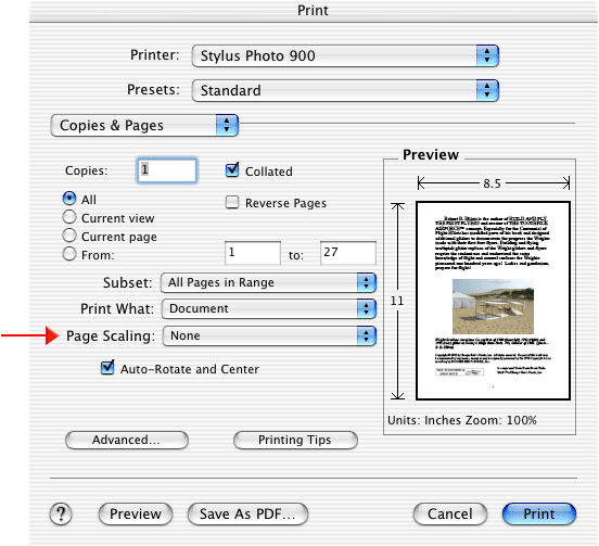 Screen Capture of the Page Scaling Option set to None